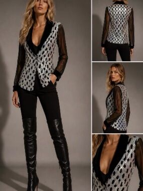 Revolution Metallic Patterned Blazer Top - Black & Silver